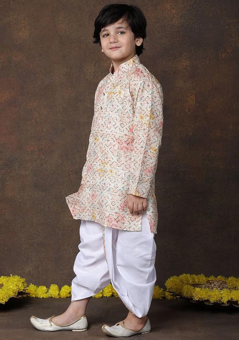 Peach Printed Cotton Kurta Dhoti Set For Boys - Indya