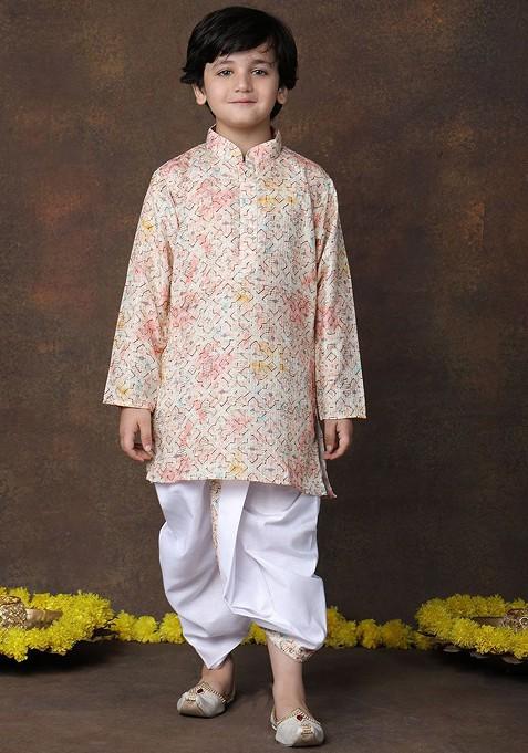 Peach Printed Cotton Kurta Dhoti Set For Boys — view on Indya
