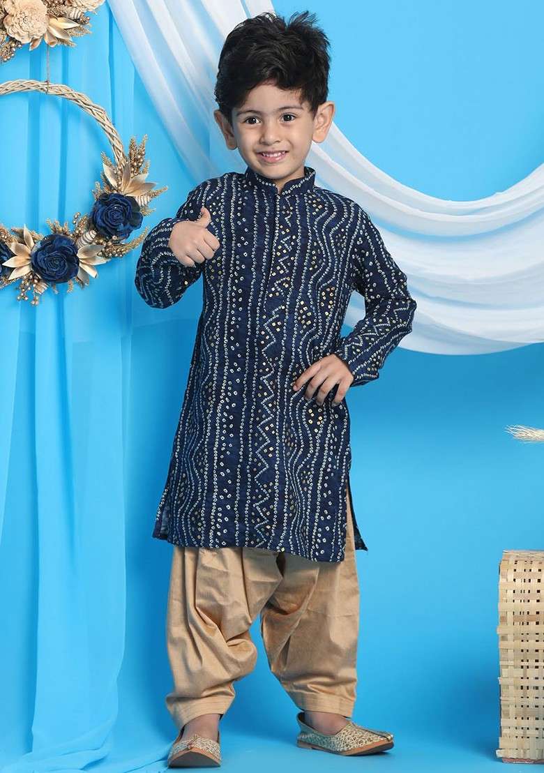 Blue Printed Blended Kurta Dhoti Set For Boys - Indya