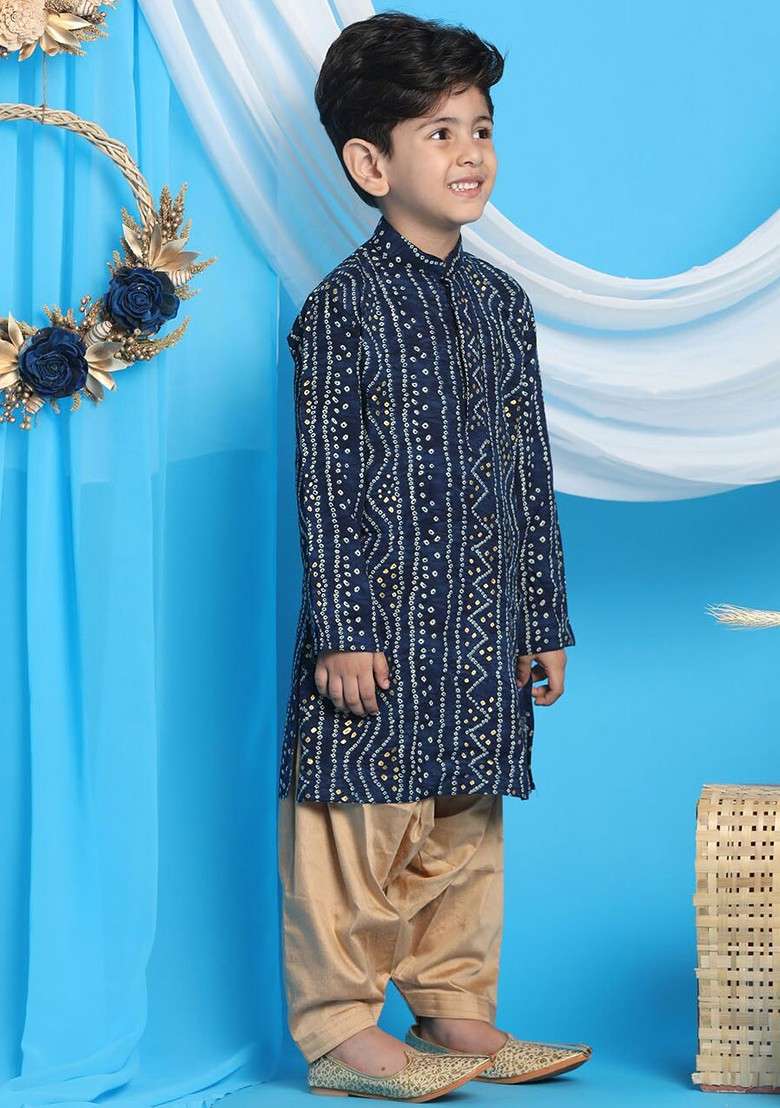 Blue Printed Blended Kurta Dhoti Set For Boys - Indya