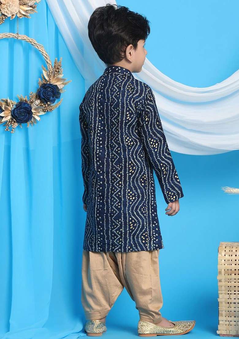 Blue Printed Blended Kurta Dhoti Set For Boys - Indya