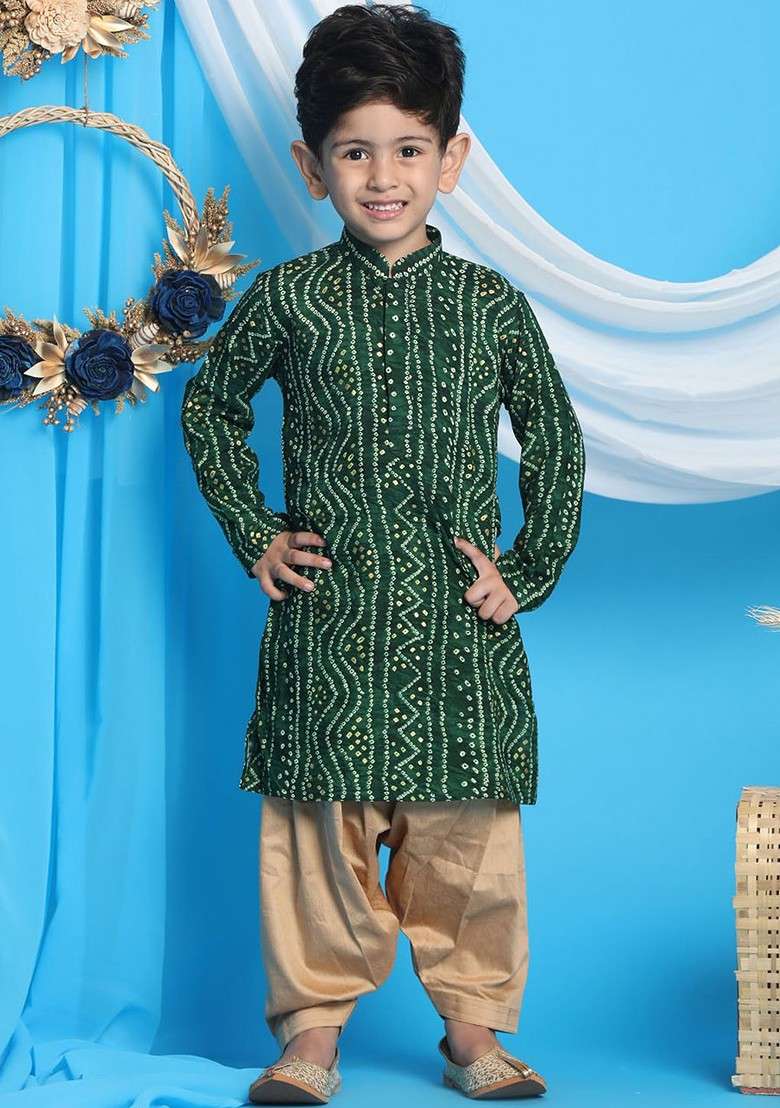 Green Printed Blended Kurta Dhoti Set For Boys - Indya