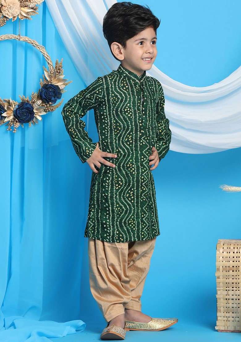 Green Printed Blended Kurta Dhoti Set For Boys - Indya