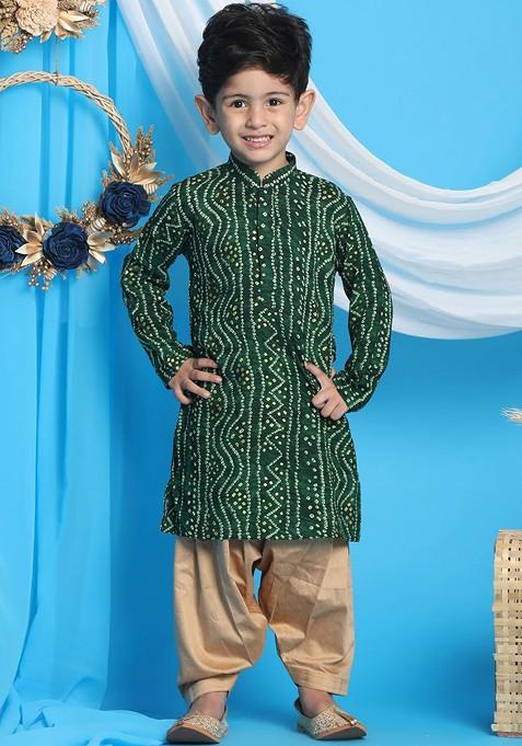 Green Printed Blended Kurta Dhoti Set For Boys — view on Indya