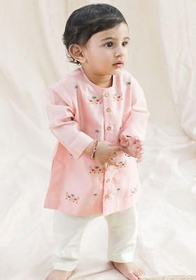 Peach Embroidered Silk Kurta Set For Boys
