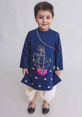 Navy Blue Embroidered Blended Kurta Dhoti Set For Boys