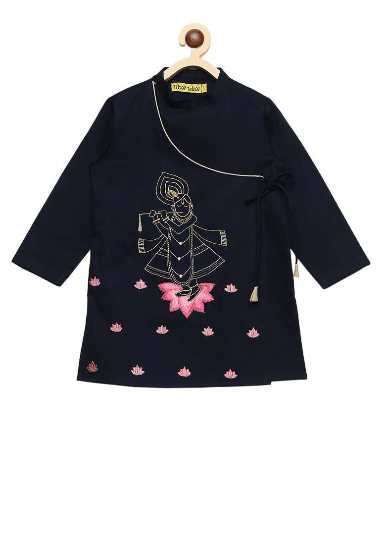 Navy Blue Embroidered Blended Kurta Dhoti Set For Boys - Indya