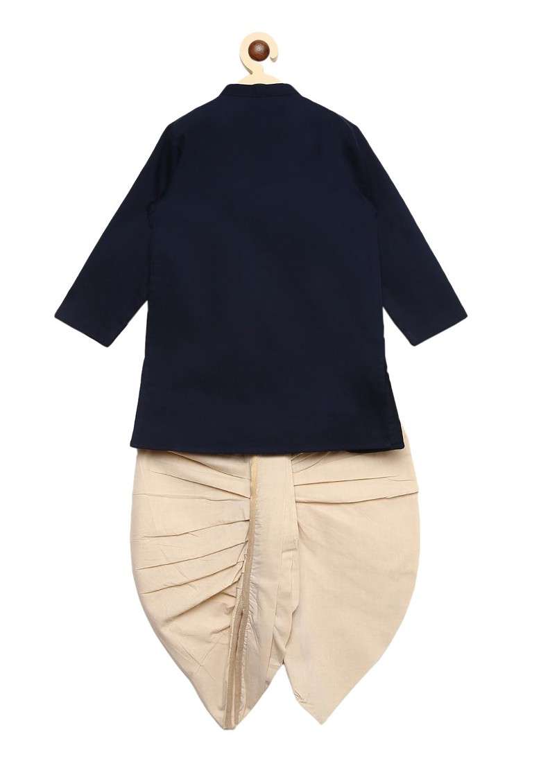 Navy Blue Embroidered Blended Kurta Dhoti Set For Boys - Indya