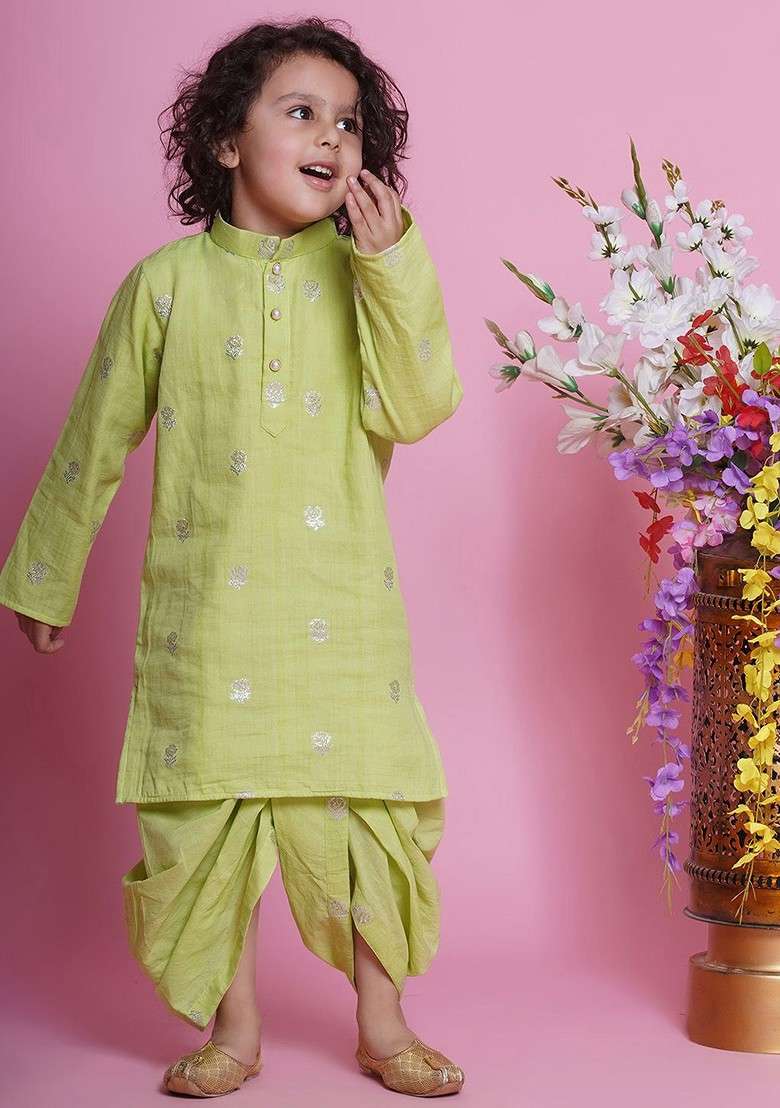 Green Embroidered Cotton Kurta Dhoti Set For Boys - Indya