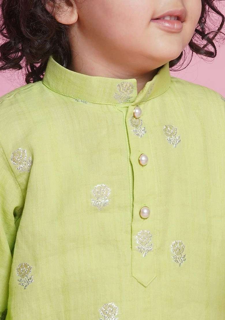 Green Embroidered Cotton Kurta Dhoti Set For Boys - Indya