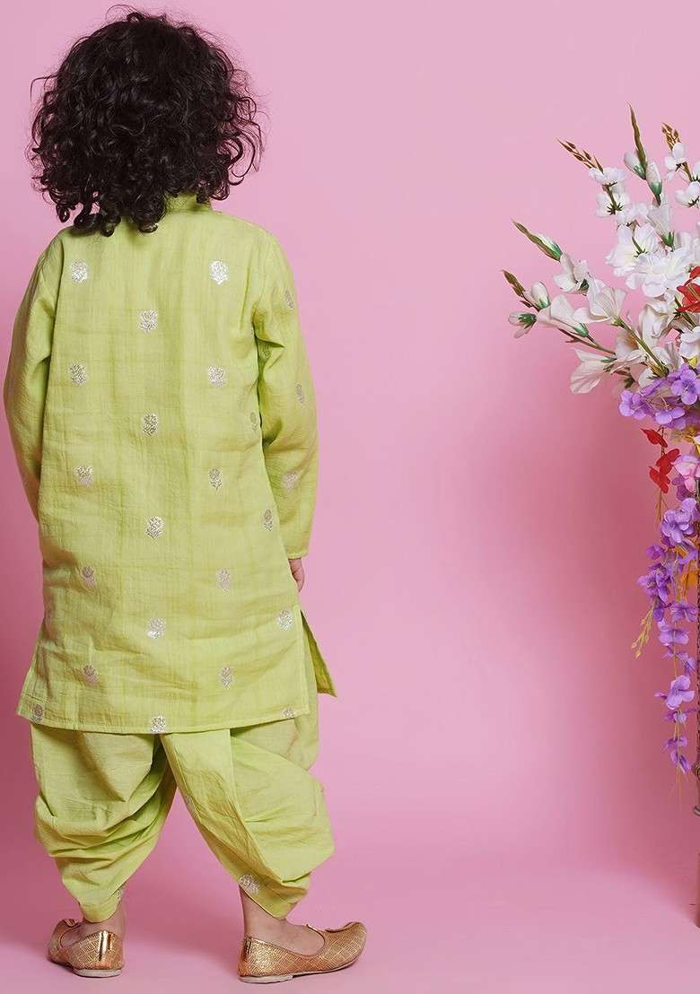 Green Embroidered Cotton Kurta Dhoti Set For Boys - Indya