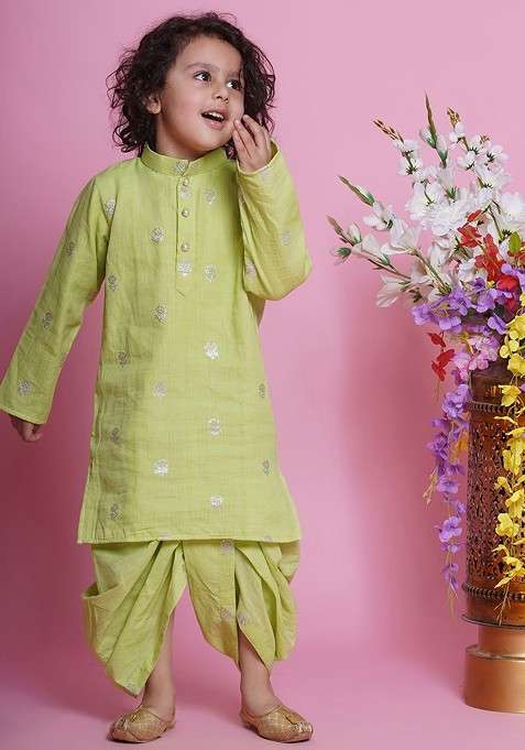 Green Embroidered Cotton Kurta Dhoti Set For Boys