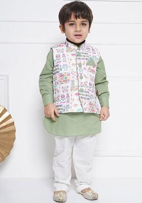 Green Printed Cotton Kurta Set For Boys