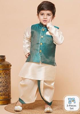 Green Embroidered Silk Nehru Jacket Set For Boys