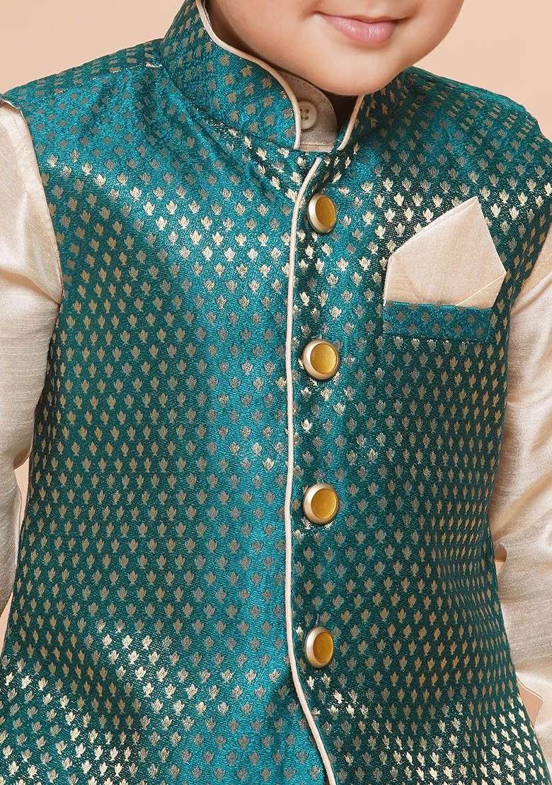 Green Embroidered Silk Nehru Jacket Set For Boys - Indya