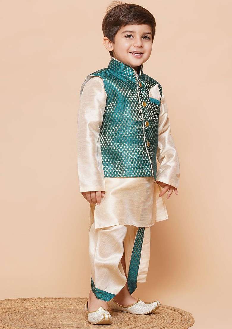 Green Embroidered Silk Nehru Jacket Set For Boys - Indya