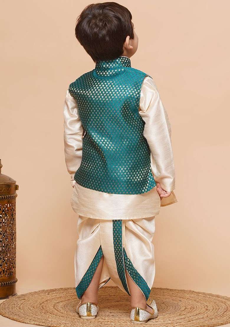 Green Embroidered Silk Nehru Jacket Set For Boys - Indya