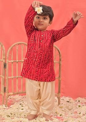 Red Printed Blended Kurta Set For Boys