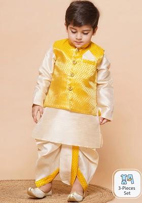 Yellow Embroidered Silk Nehru Jacket Set For Boys