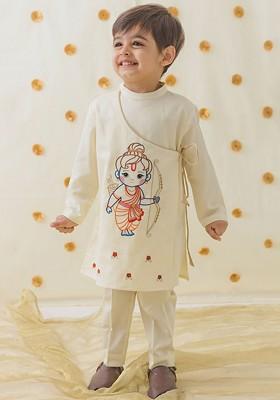 Cream Thread Work Cotton Kurta Set For Boys