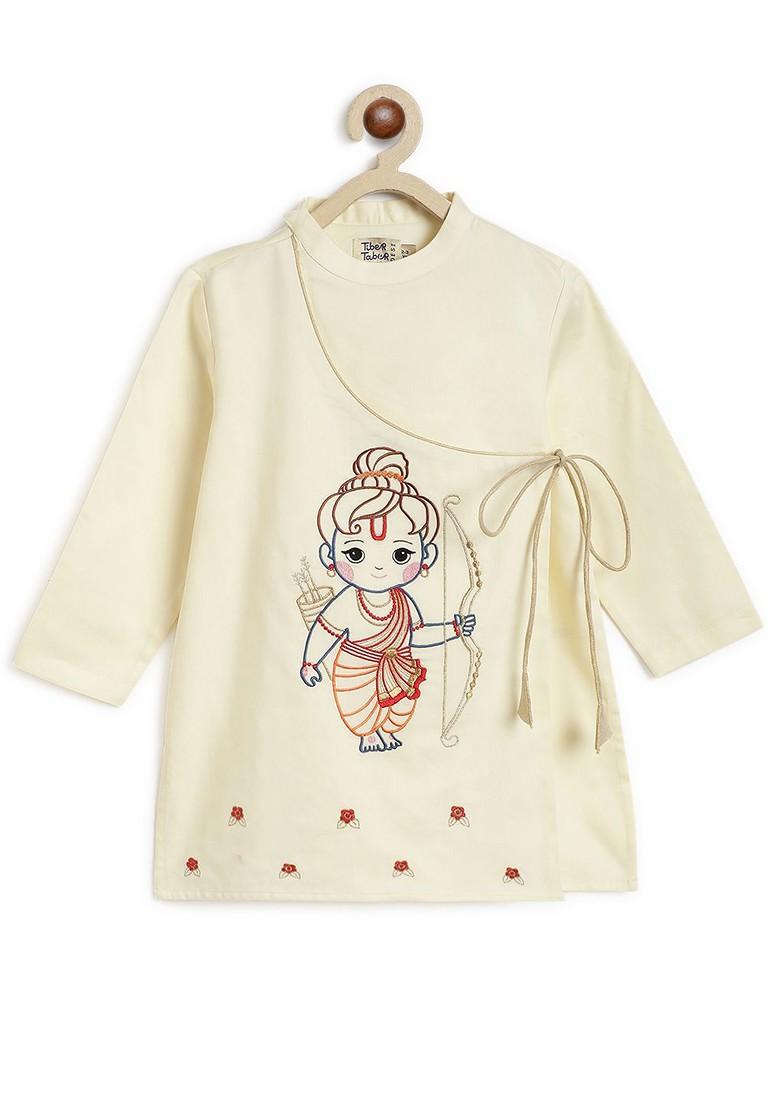 Cream Thread Work Cotton Kurta Set For Boys - Indya