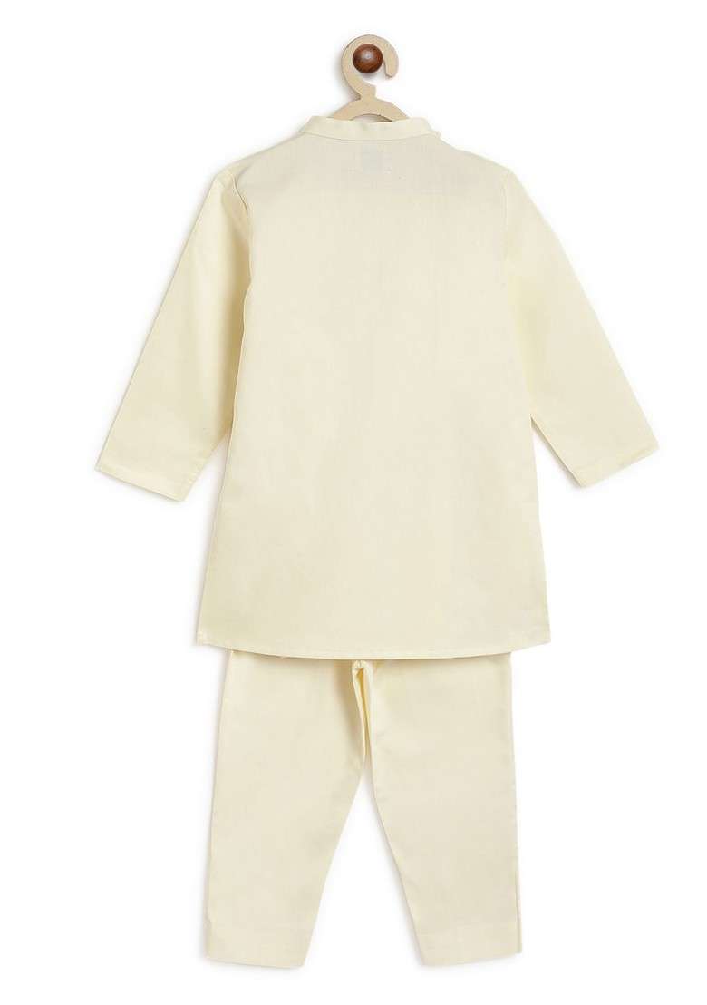 Cream Thread Work Cotton Kurta Set For Boys - Indya