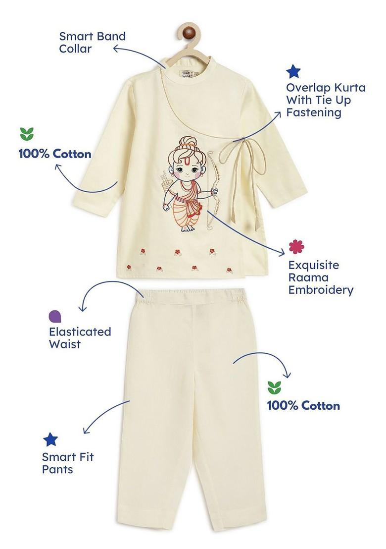 Cream Thread Work Cotton Kurta Set For Boys - Indya