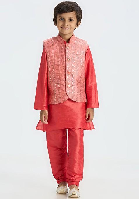 Red Embroidered Blended Nehru Jacket Set For Boys — view on Indya