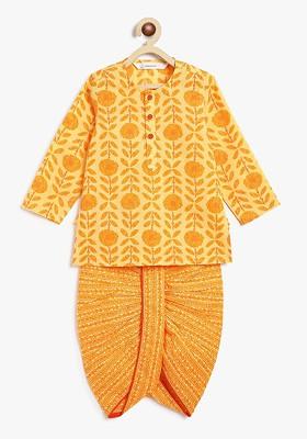 Yellow Embroidered Cotton Kurta Dhoti Set For Boys