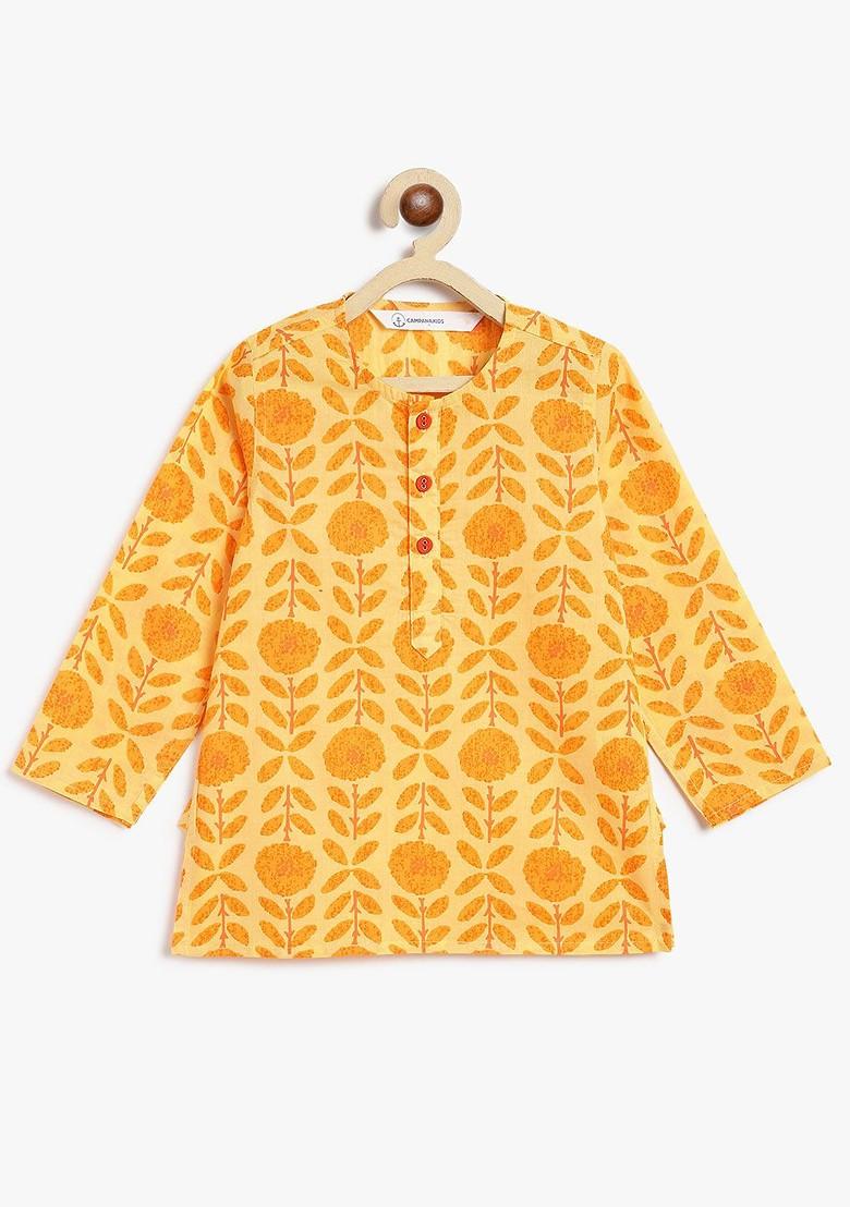 Yellow Embroidered Cotton Kurta Dhoti Set For Boys - Indya