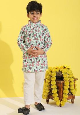 Red Printed Blended Kurta Set For Boys