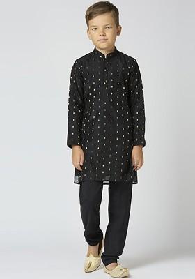 Black Woven Design Cotton Kurta Set For Boys