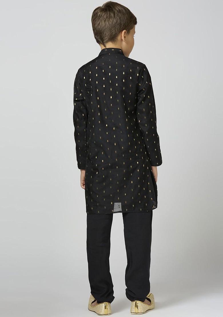 Black Woven Design Cotton Kurta Set For Boys - Indya
