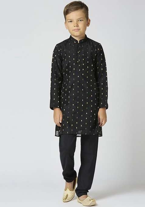 Black Woven Design Cotton Kurta Set For Boys