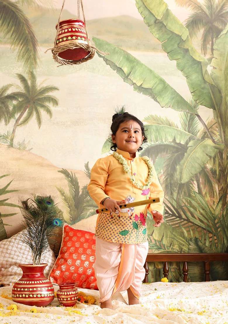 Yellow Printed Blended Kurta Dhoti Set For Boys - Indya