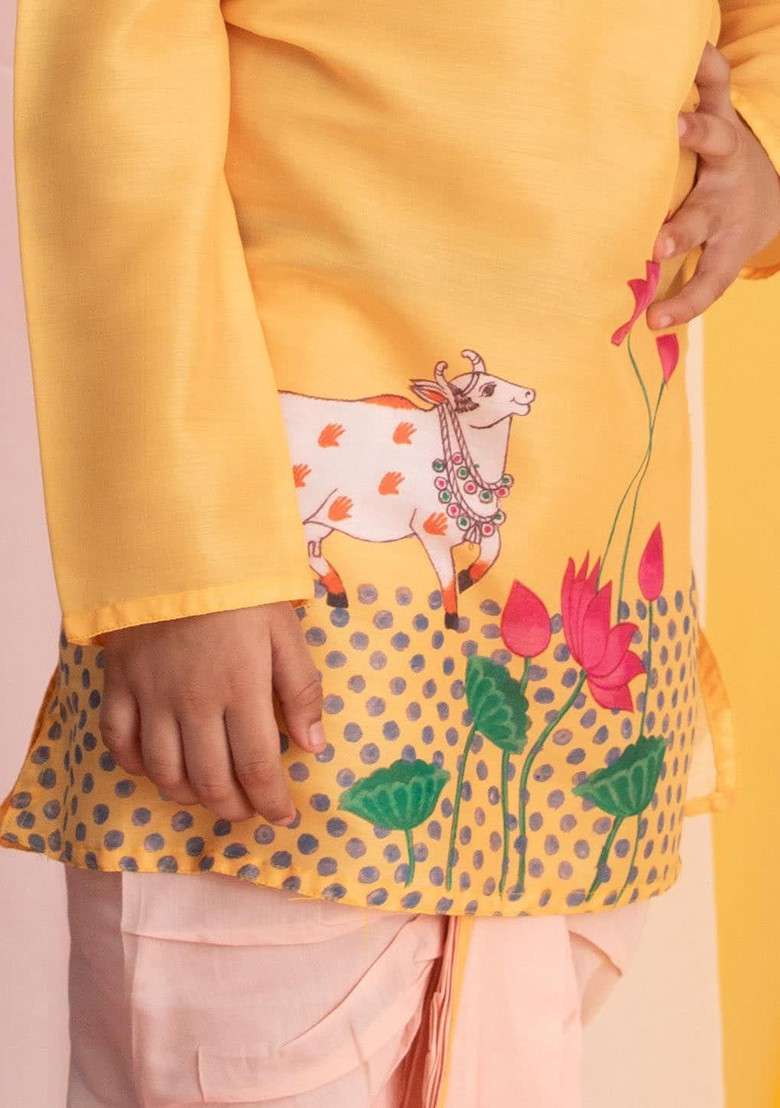 Yellow Printed Blended Kurta Dhoti Set For Boys - Indya