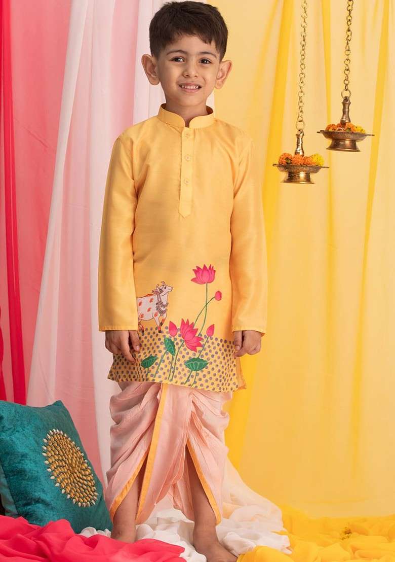 Yellow Printed Blended Kurta Dhoti Set For Boys - Indya