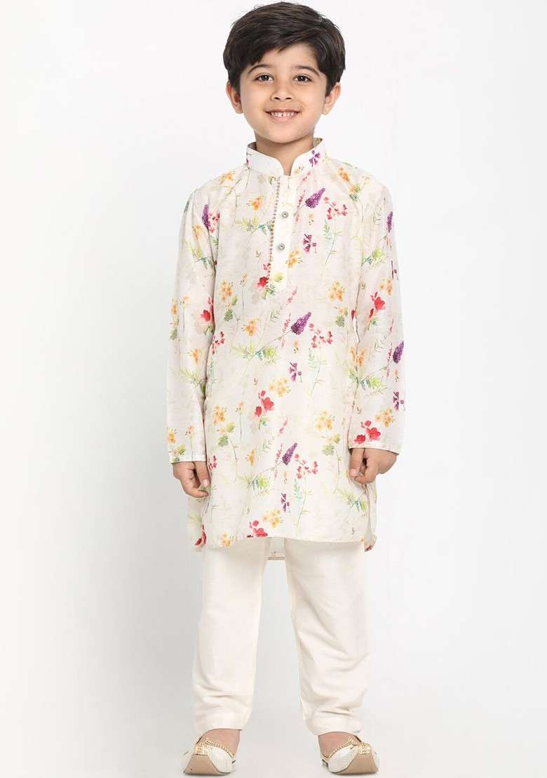 Cream Printed Blended Kurta Set For Boys - Indya