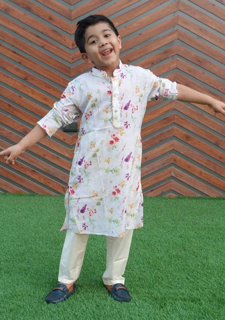 Cream Printed Blended Kurta Set For Boys - Indya
