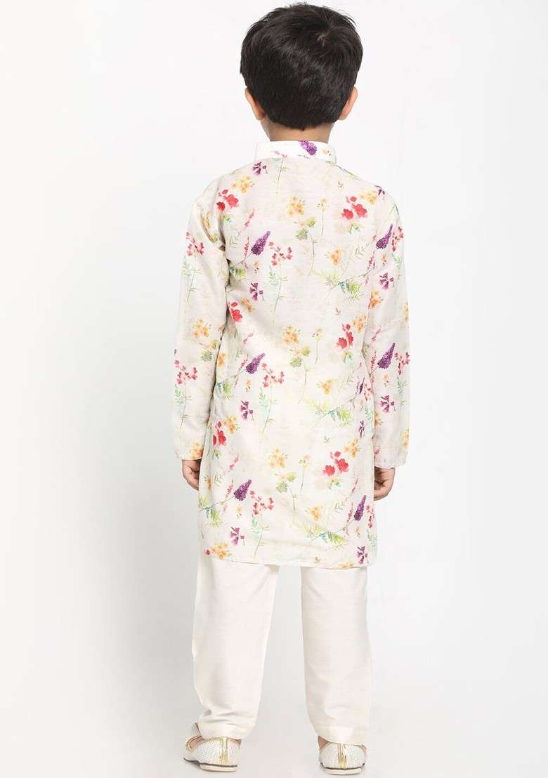 Cream Printed Blended Kurta Set For Boys - Indya