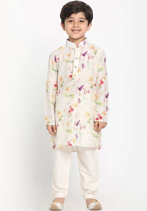 Cream Printed Blended Kurta Set For Boys