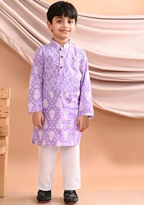 Purple Printed Cotton Kurta Set For Boys