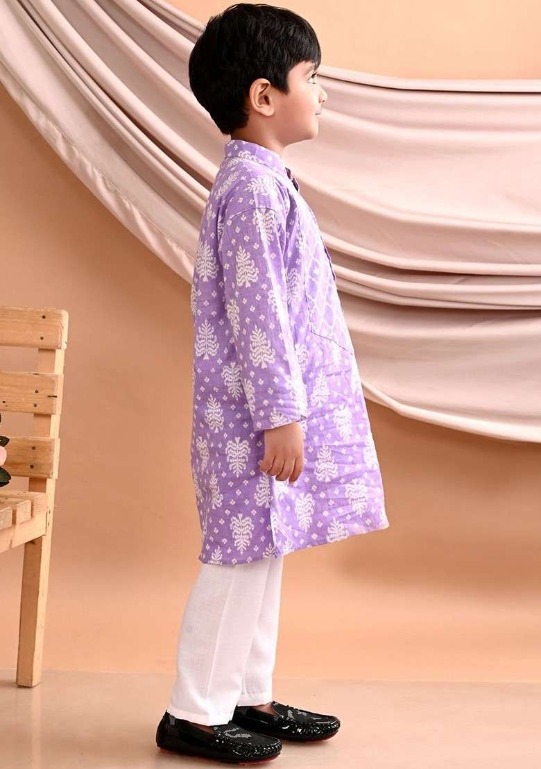 Purple Printed Cotton Kurta Set For Boys - Indya