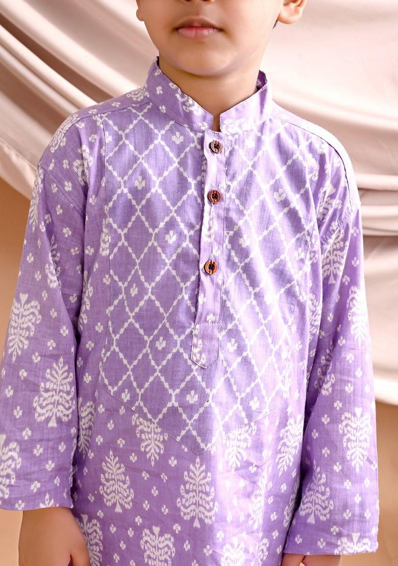 Purple Printed Cotton Kurta Set For Boys - Indya