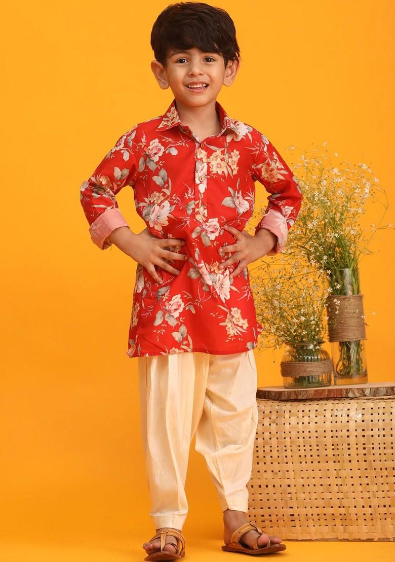 Red Printed Blended Kurta Set For Boys - Indya
