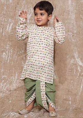 Green Printed Cotton Kurta Dhoti Set For Boys