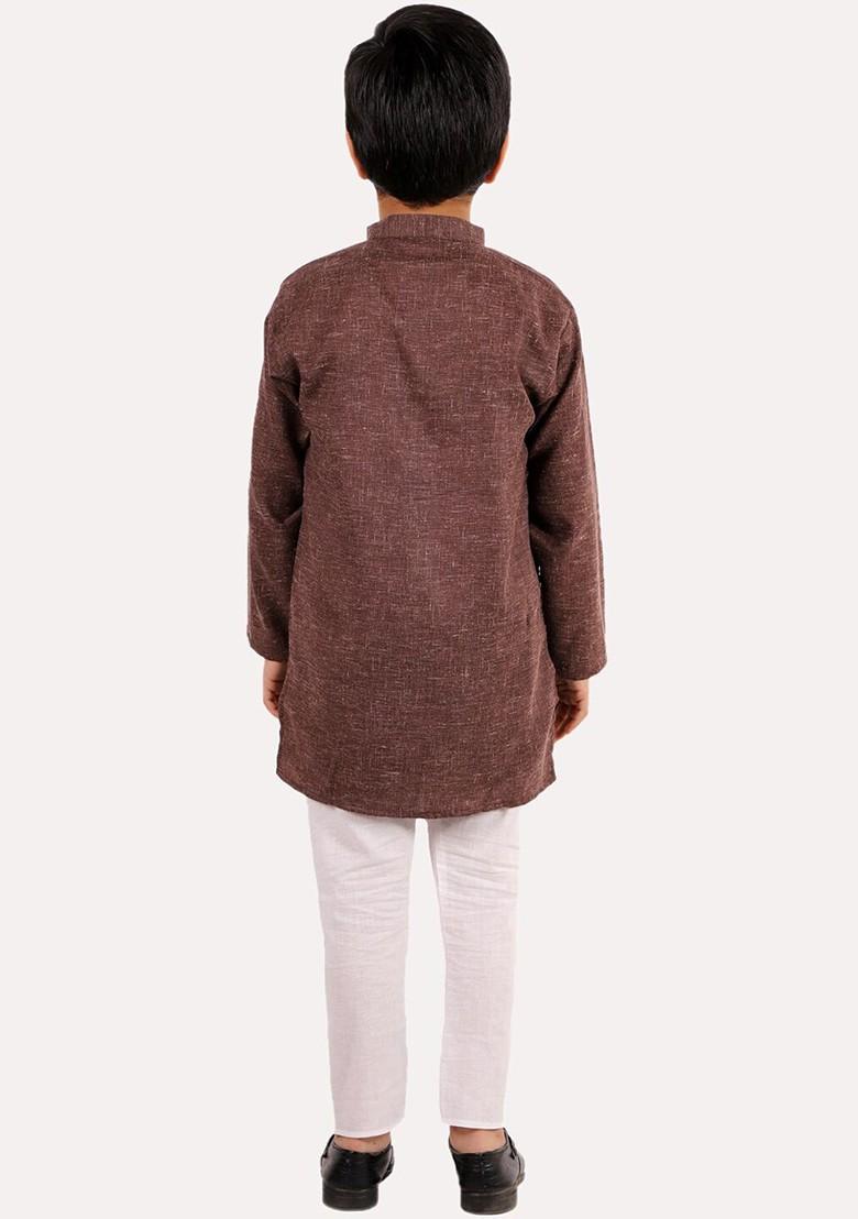 Coffee Brown Embroidered Cotton Kurta Set For Boys - Indya