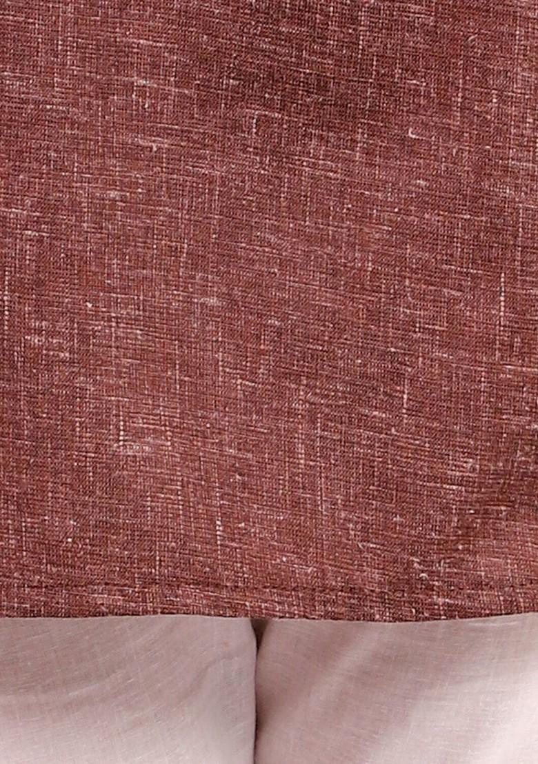 Coffee Brown Embroidered Cotton Kurta Set For Boys - Indya