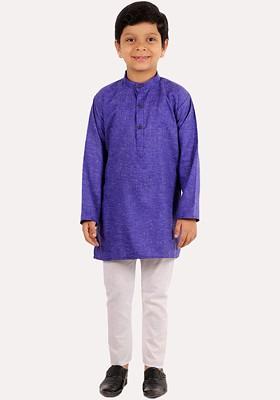 Blue Embroidered Cotton Kurta Set For Boys