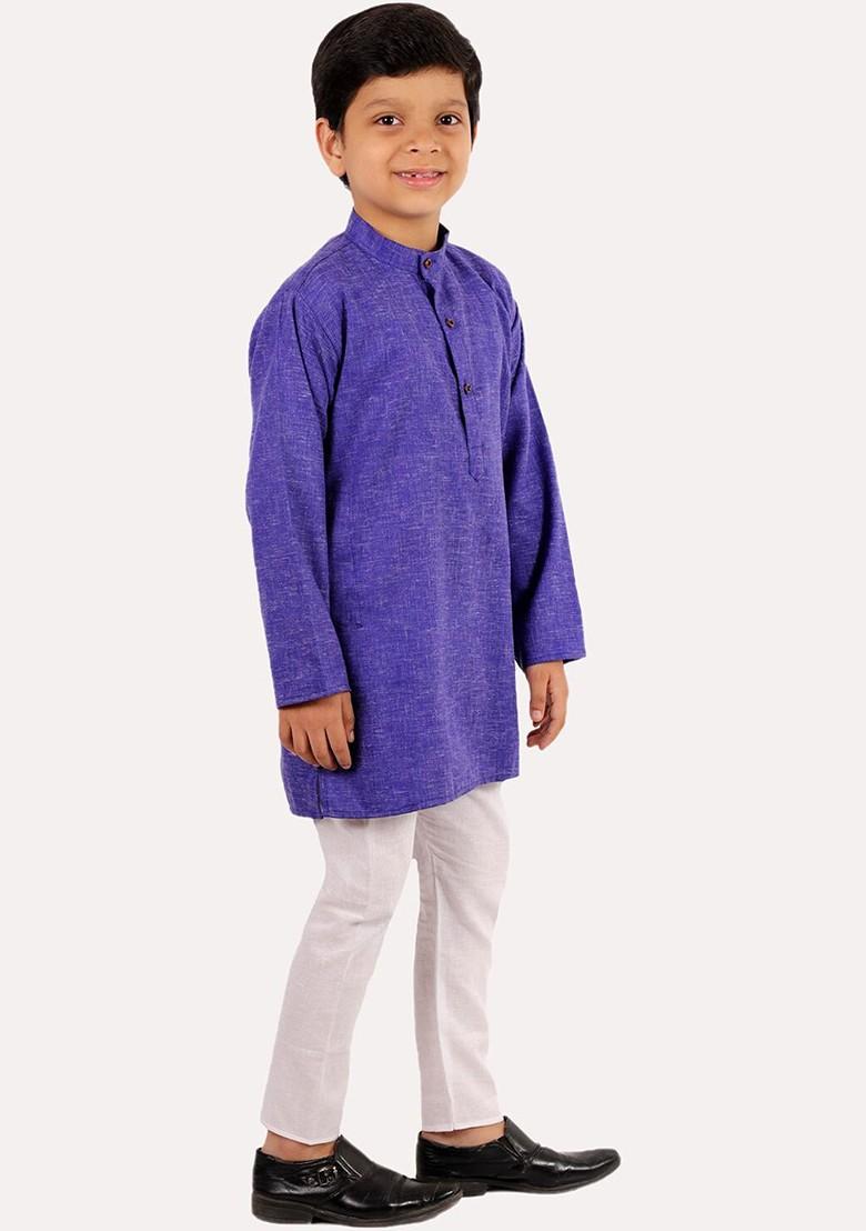 Blue Embroidered Cotton Kurta Set For Boys - Indya
